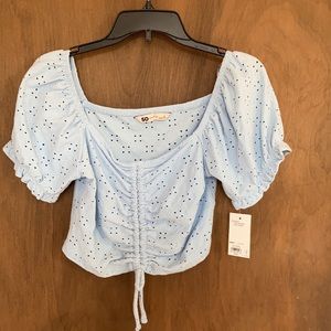3/$15 SO top eyelet light blue cinch front puff sleeve crop boho cottagecore
